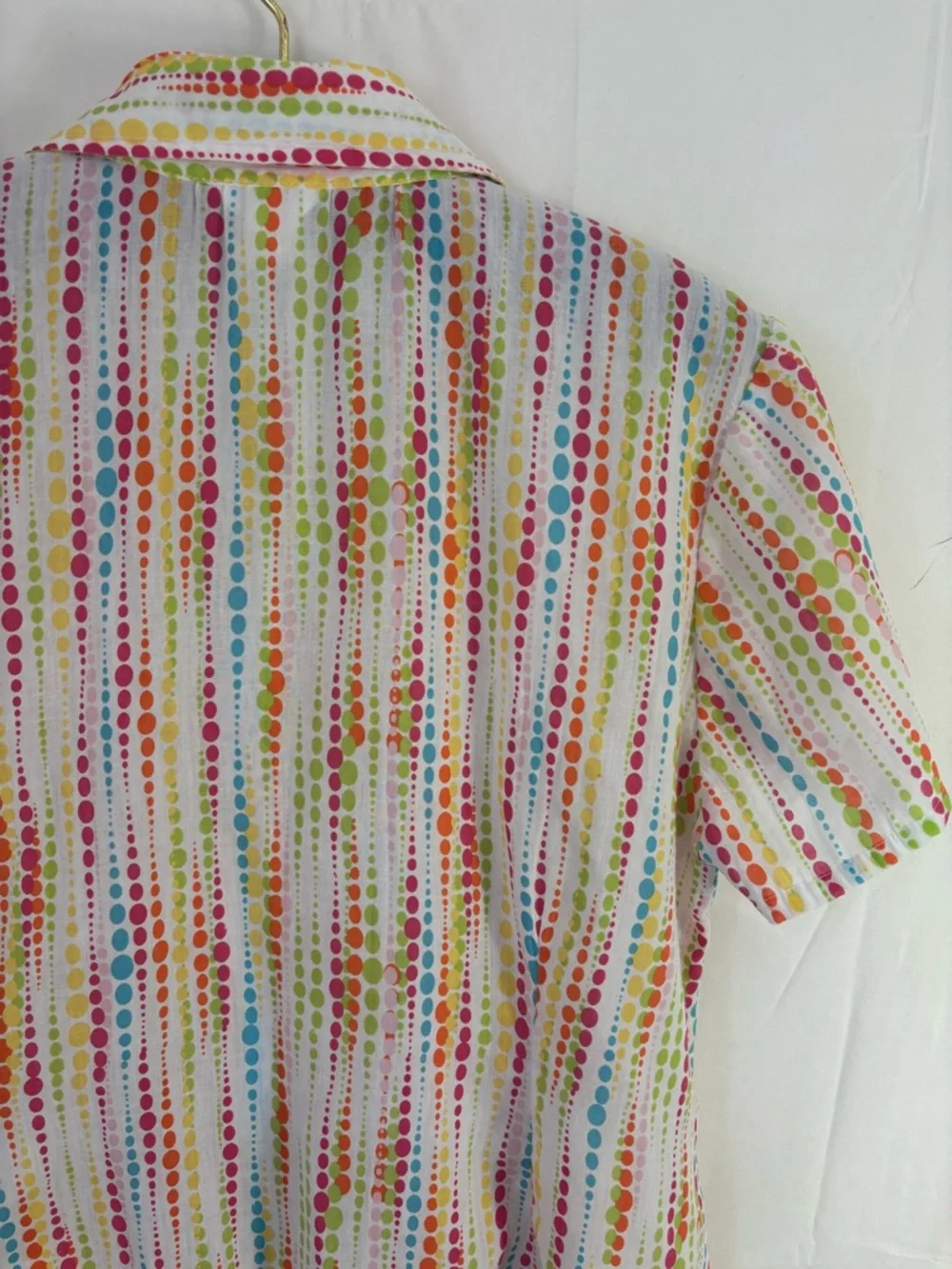Cotton Blend White Rainbow Polka‎ Dot Lightweight Boho Short Sleeve Button Up M